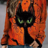 Karina | Halloween Vintage Cat Print Round Neck Long Sleeve Sweatshirt