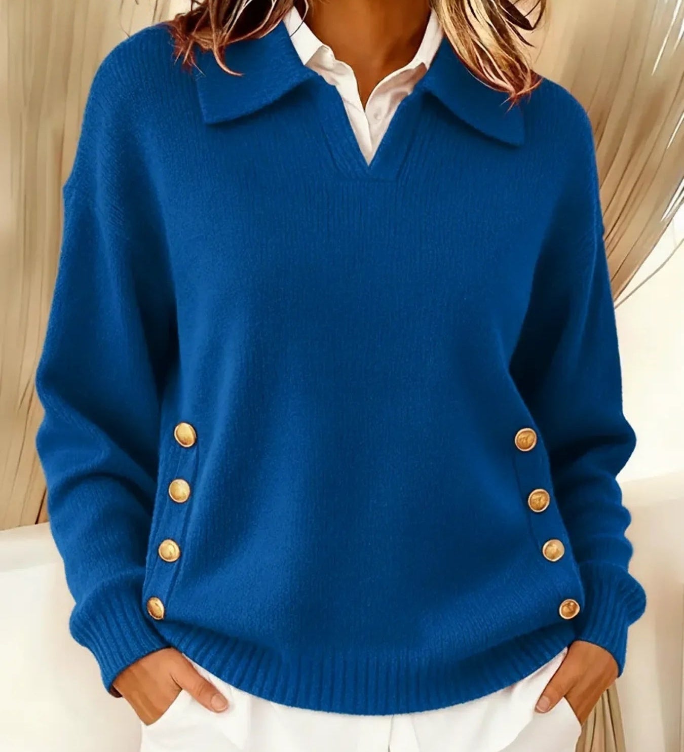 Barbara | Polo Collar Sweater with Gold Buttons
